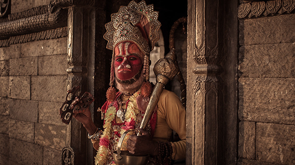 Sadhu dressed as the monkey god. Kathmandu, Nepal